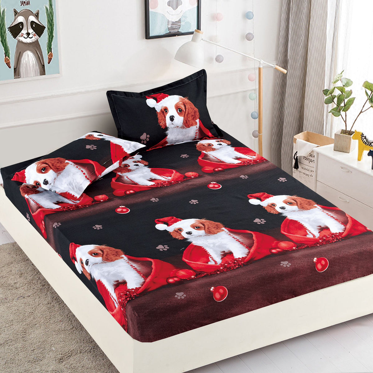 Husa de Pat cu Elastic din Bumbac Finet + 2 Fete de Perna, Pat 2 Persoane – Christmas Collections 180 x 200 cm