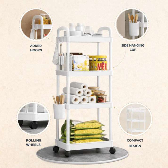 Raft organizator cu 4 niveluri, mobil, multifunctional, cu roti si accesorii incluse 97x25,5x34,5 cm