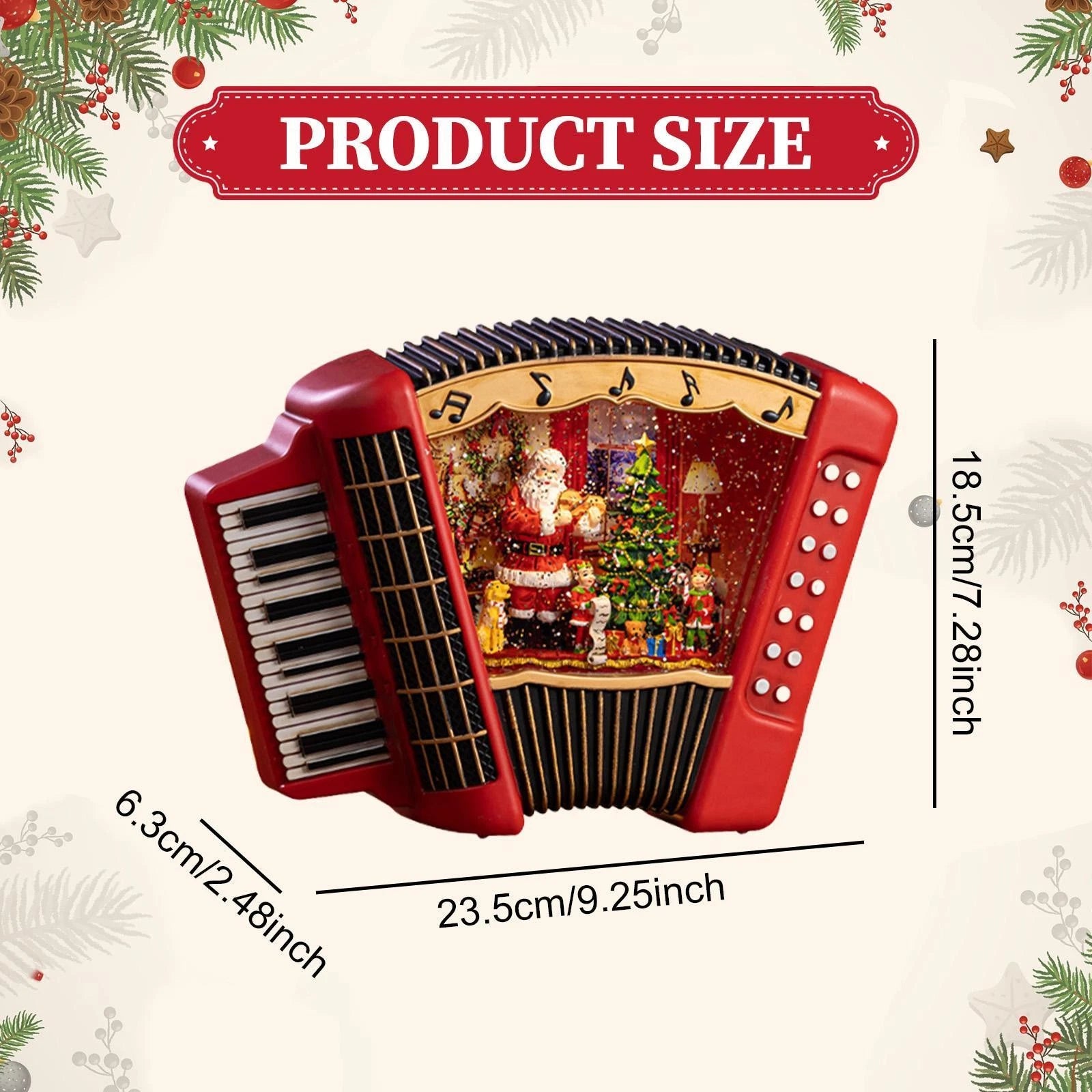 Acordeon decorativ Craciun premium cu lumini, muzica si glob cu zapada