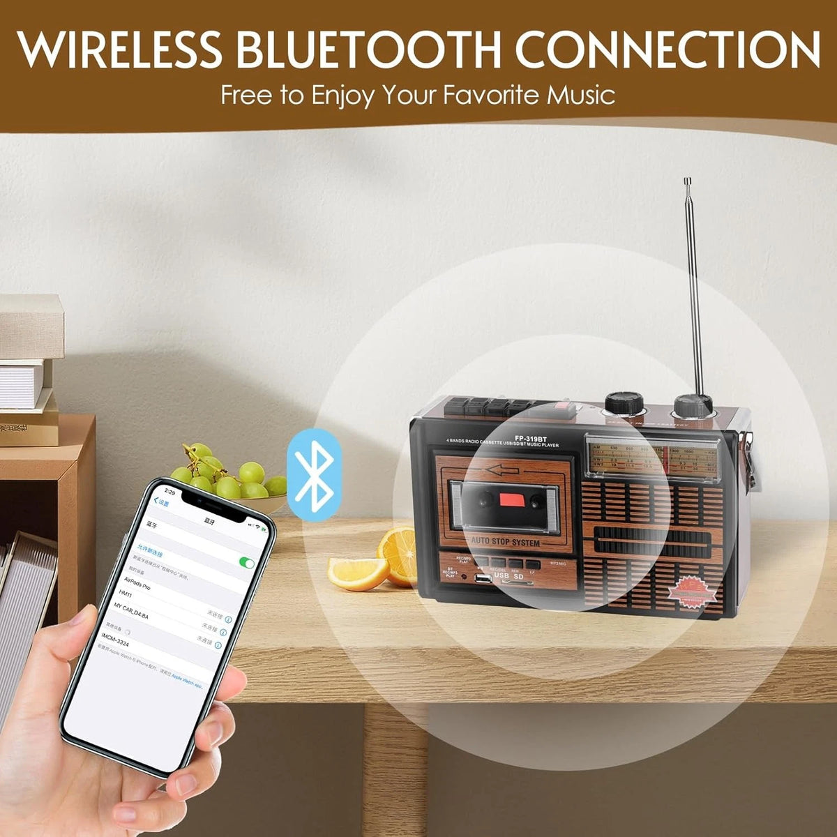 Radio retro portabil FP-319BT, 6 în 1 – Casetofon, MP3, Bluetooth, USB/SD, FM/AM/SW, Negru