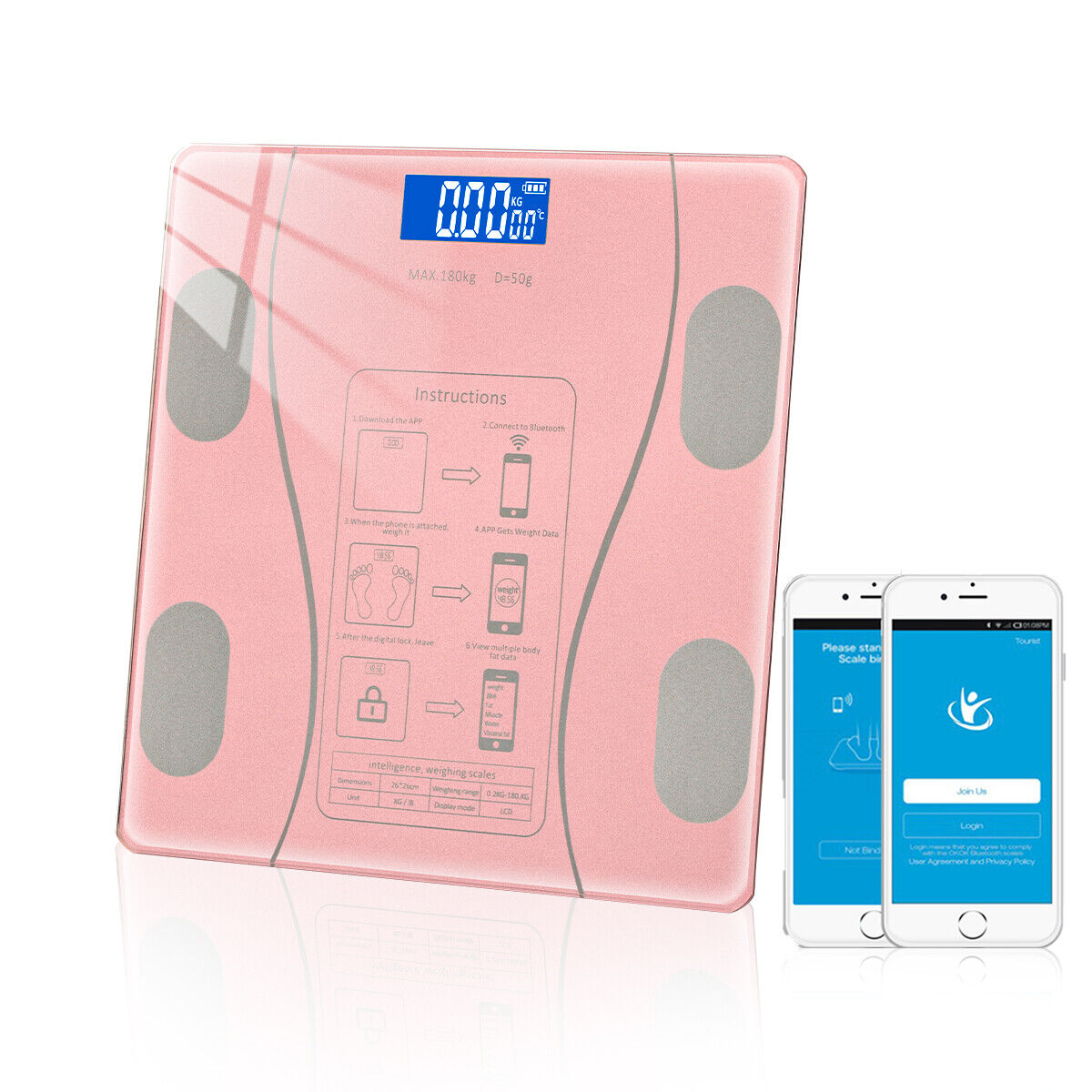 Cantar corporal cu ecran digital Iluminat, aplicatie smart, compatibil android/Ios, conectare bluetooth, termometru, 180 Kg Max