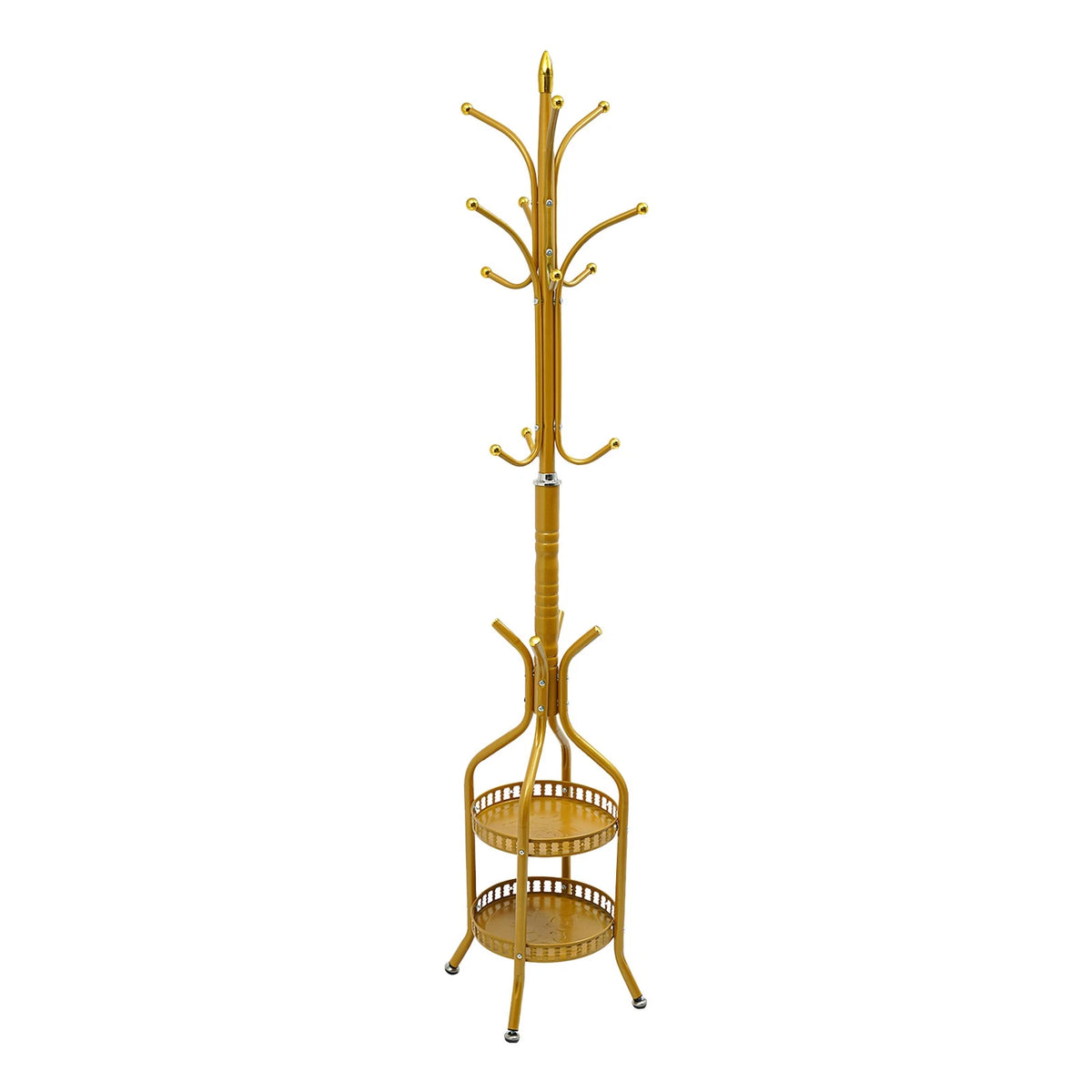 Cuier de podea metalic auriu, 34 x 189 cm, cu carlige multiple si 2 rafturi de depozitare, tip hall tree, pentru hol, dormitor sau birou