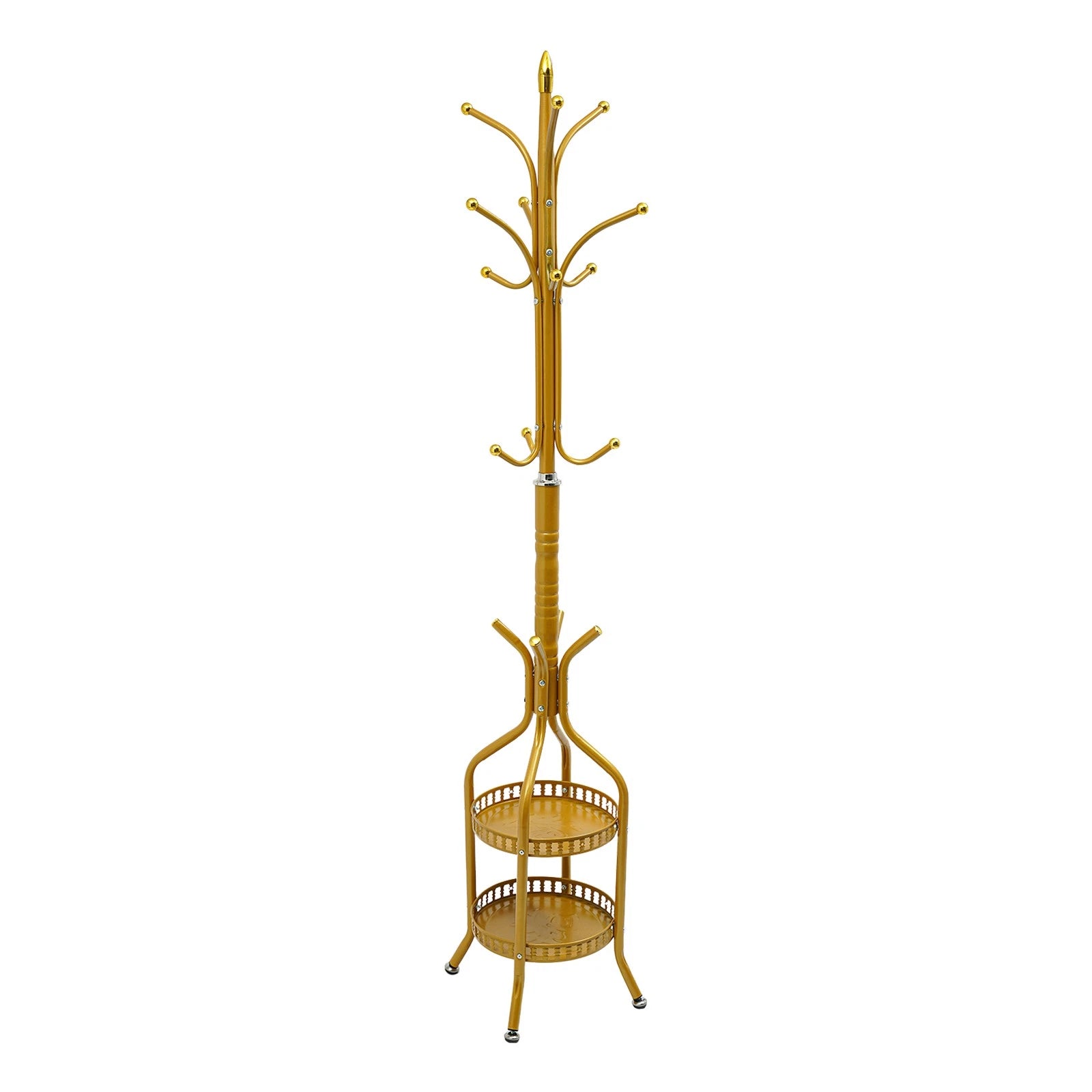 Cuier de podea metalic auriu, 34 x 189 cm, cu carlige multiple si 2 rafturi de depozitare, tip hall tree, pentru hol, dormitor sau birou