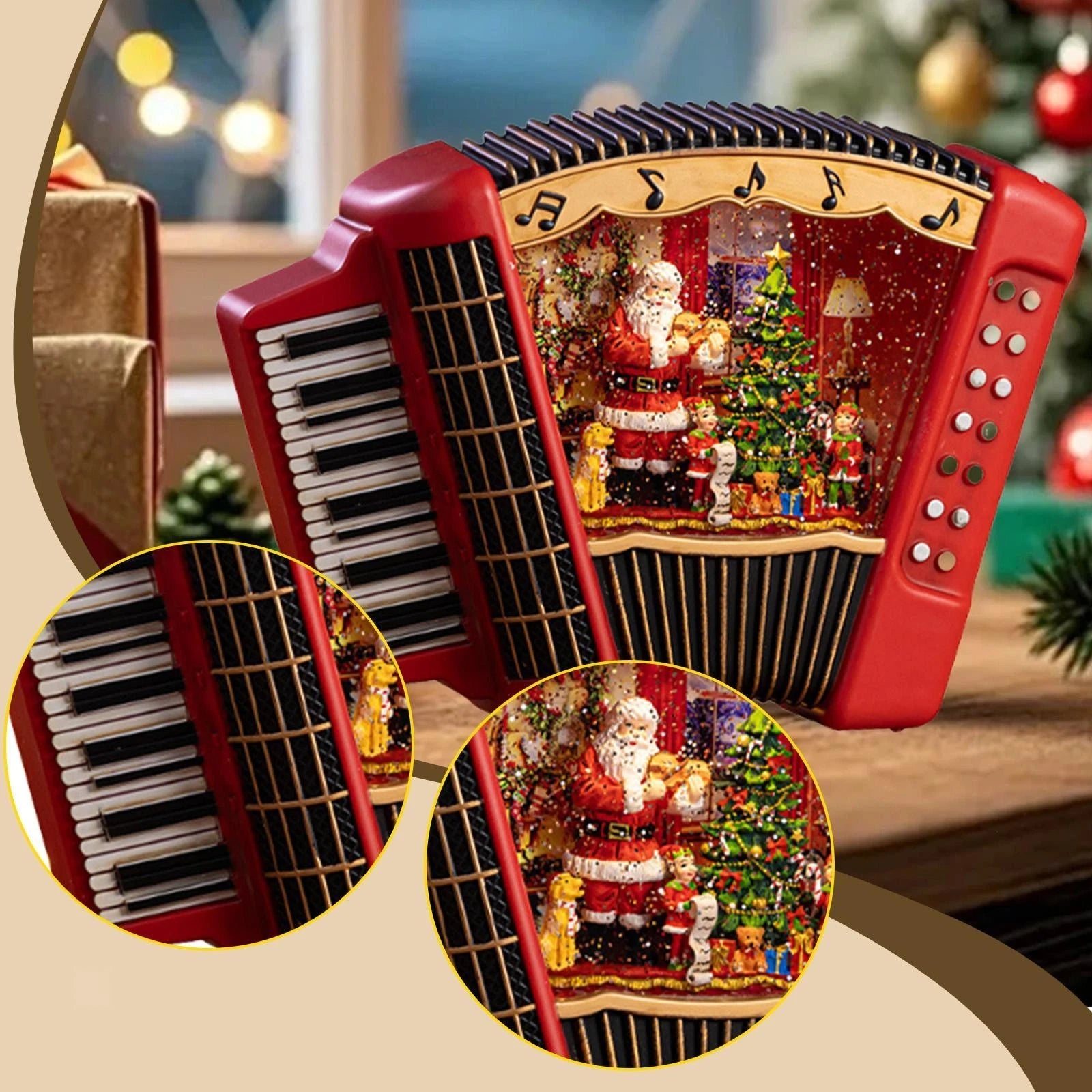 Acordeon decorativ Craciun premium cu lumini, muzica si glob cu zapada