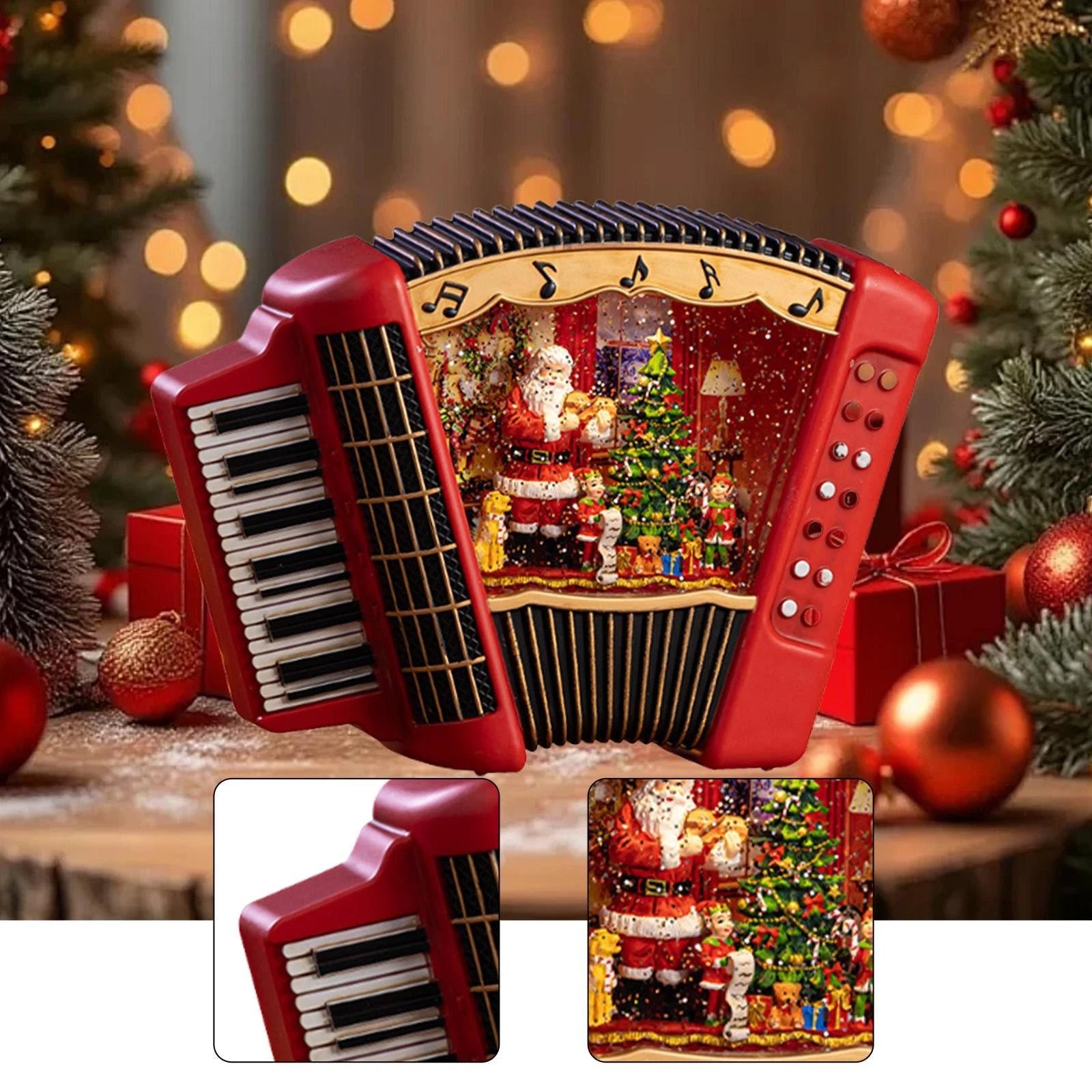Acordeon decorativ Craciun premium cu lumini, muzica si glob cu zapada