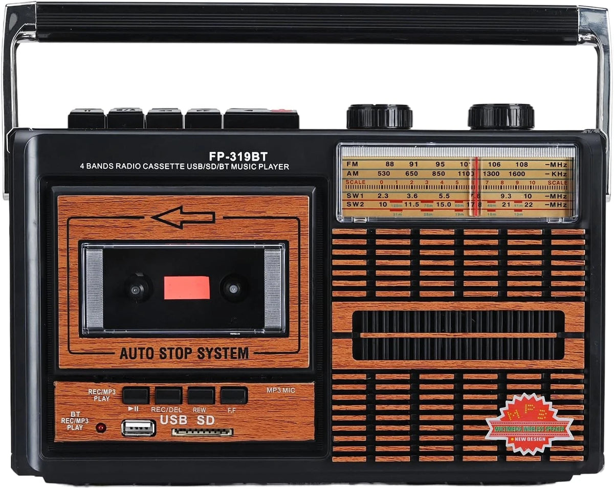 Radio retro portabil FP-319BT, 6 în 1 – Casetofon, MP3, Bluetooth, USB/SD, FM/AM/SW, Negru