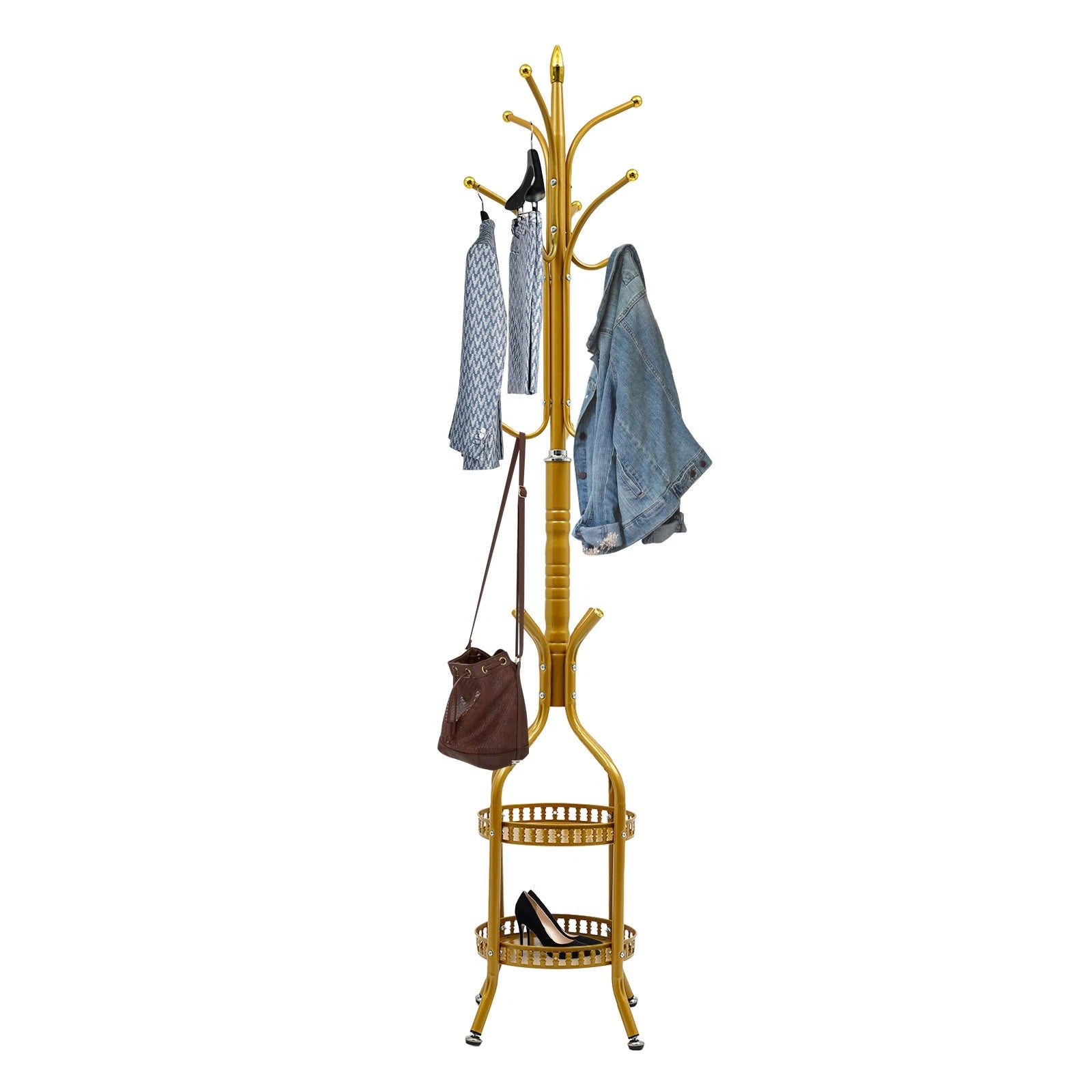 Cuier de podea metalic auriu, 34 x 189 cm, cu carlige multiple si 2 rafturi de depozitare, tip hall tree, pentru hol, dormitor sau birou