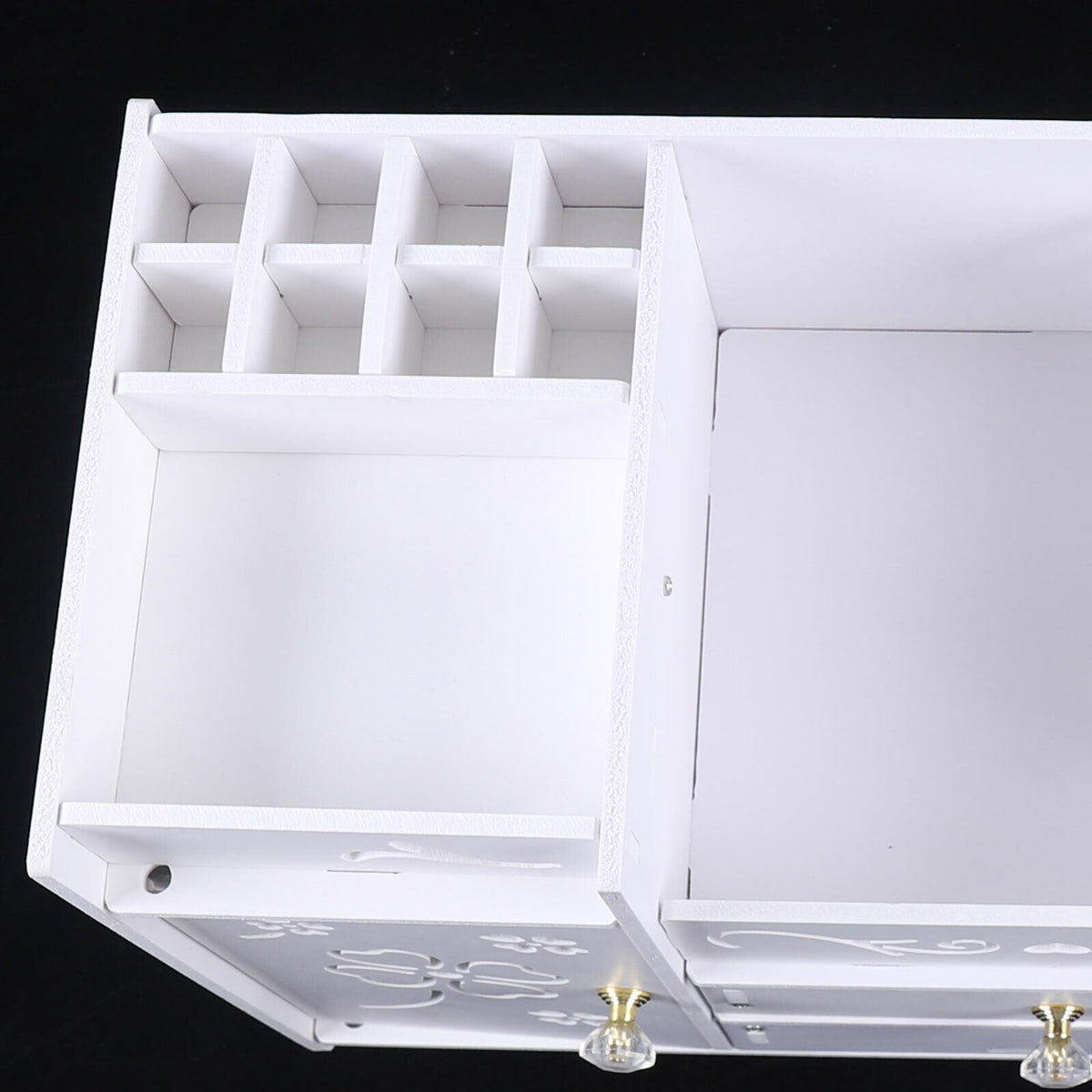 Organizator cosmetice si bijuterii cu sertare si oglinda machiaj, PVC, alb