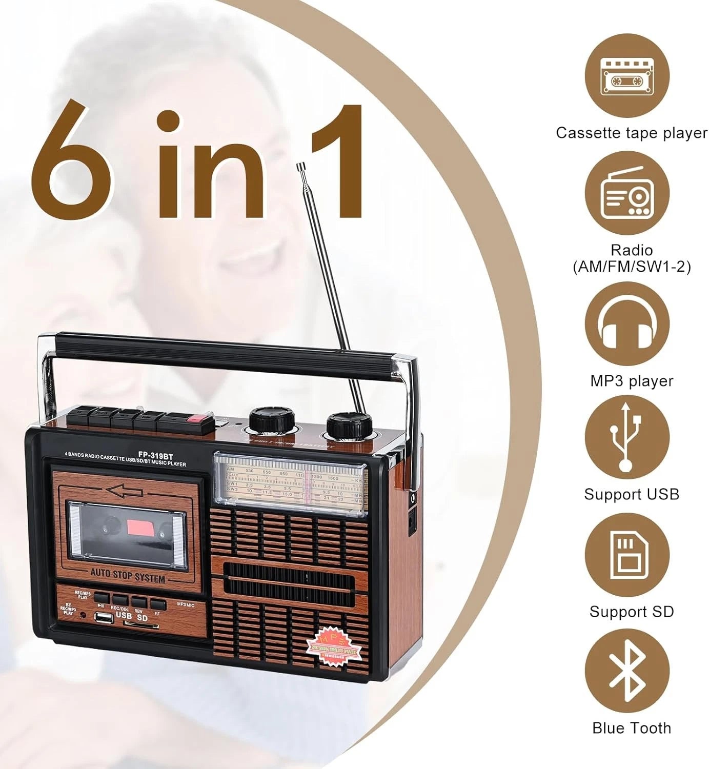 Radio retro portabil FP-319BT, 6 în 1 – Casetofon, MP3, Bluetooth, USB/SD, FM/AM/SW, Negru