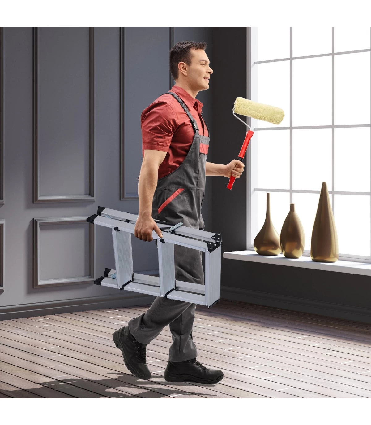 Scara aluminiu 3 trepte pliabila – usoara, stabila, antiderapanta, 150 kg