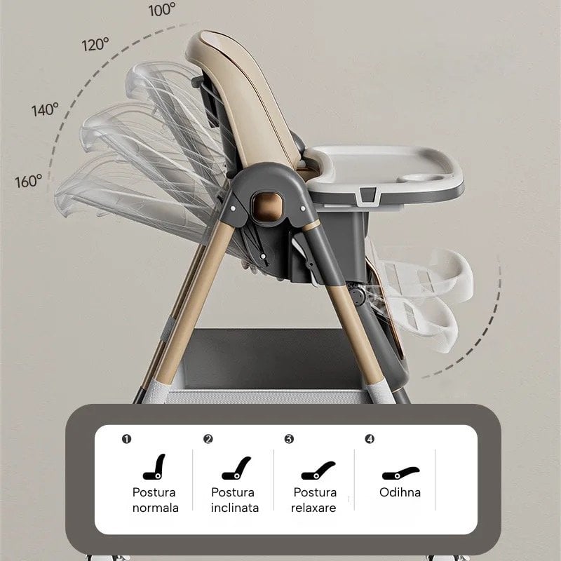 Scaun de Masa 3 in 1 pentru Bebelusi si Copii, varsta 6-36 luni, Inaltime ajustabila, centura de siguranta in 5 puncte, tavita reglabila si detasabila, roti, maro