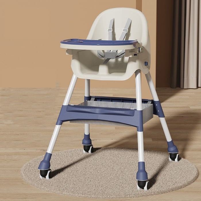 Scaun de Masa pentru Bebelusi si Copii cu Roti, Telescopic, Pliabil, Masuta Reglabila, Suport Picioare, Scaun cu Invelis Piele Artificiala, Centura Siguranta, Spatiu Depozitare, 97x73x65 cm,