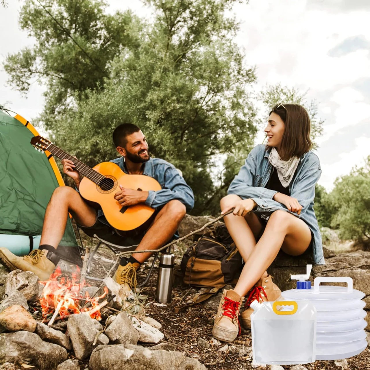 Bidon pliabil pentru camping, transparent, 10L, cu functie de evacuare a apei, portabil