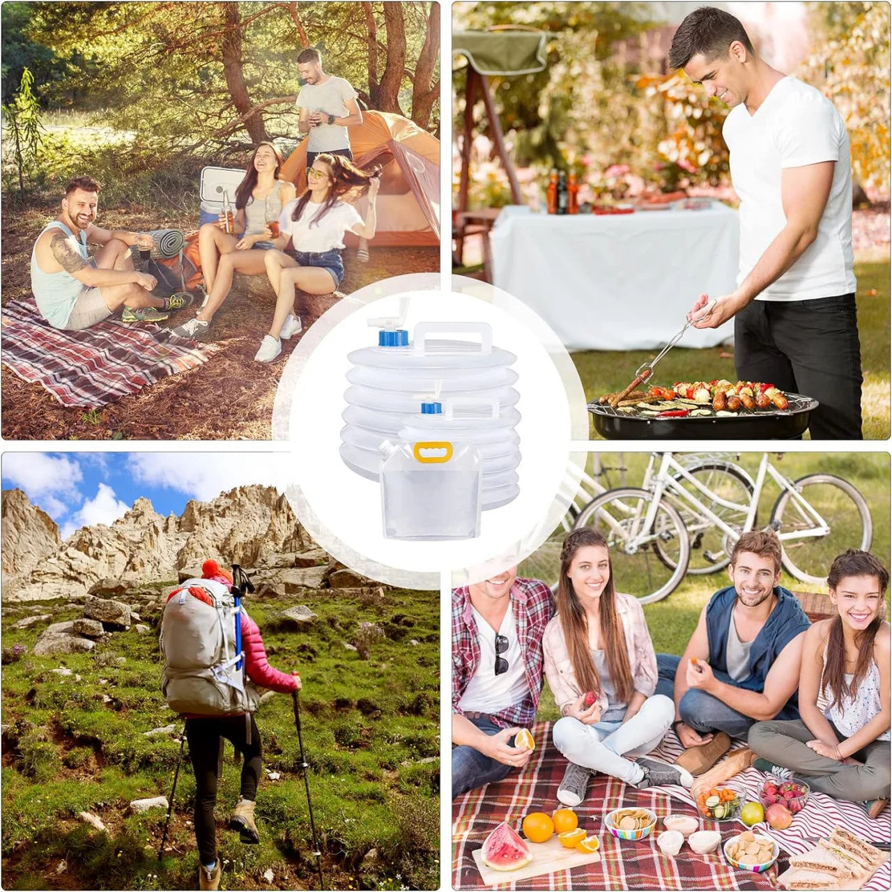 Bidon pliabil pentru camping, transparent, 10L, cu functie de evacuare a apei, portabil