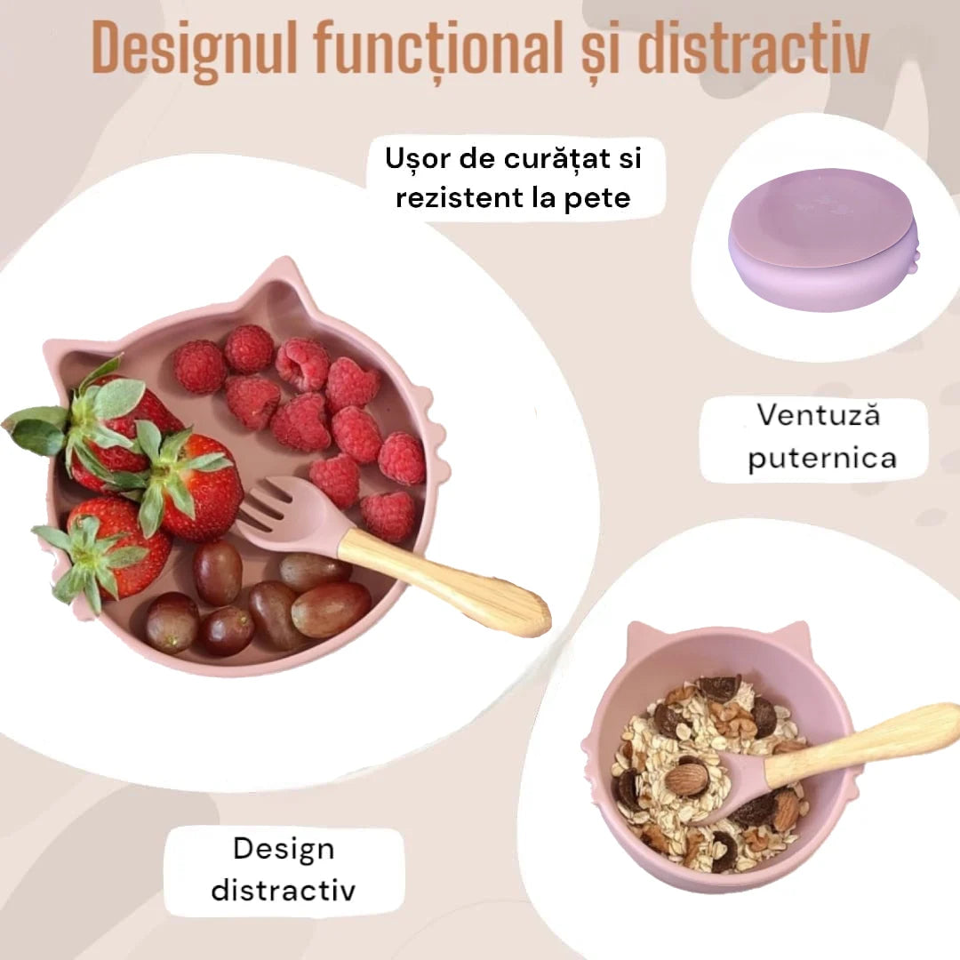 Set hranire bebelusi  8 piese, termorezistente, silicon, fara BPA, pliabile, usor de curatat