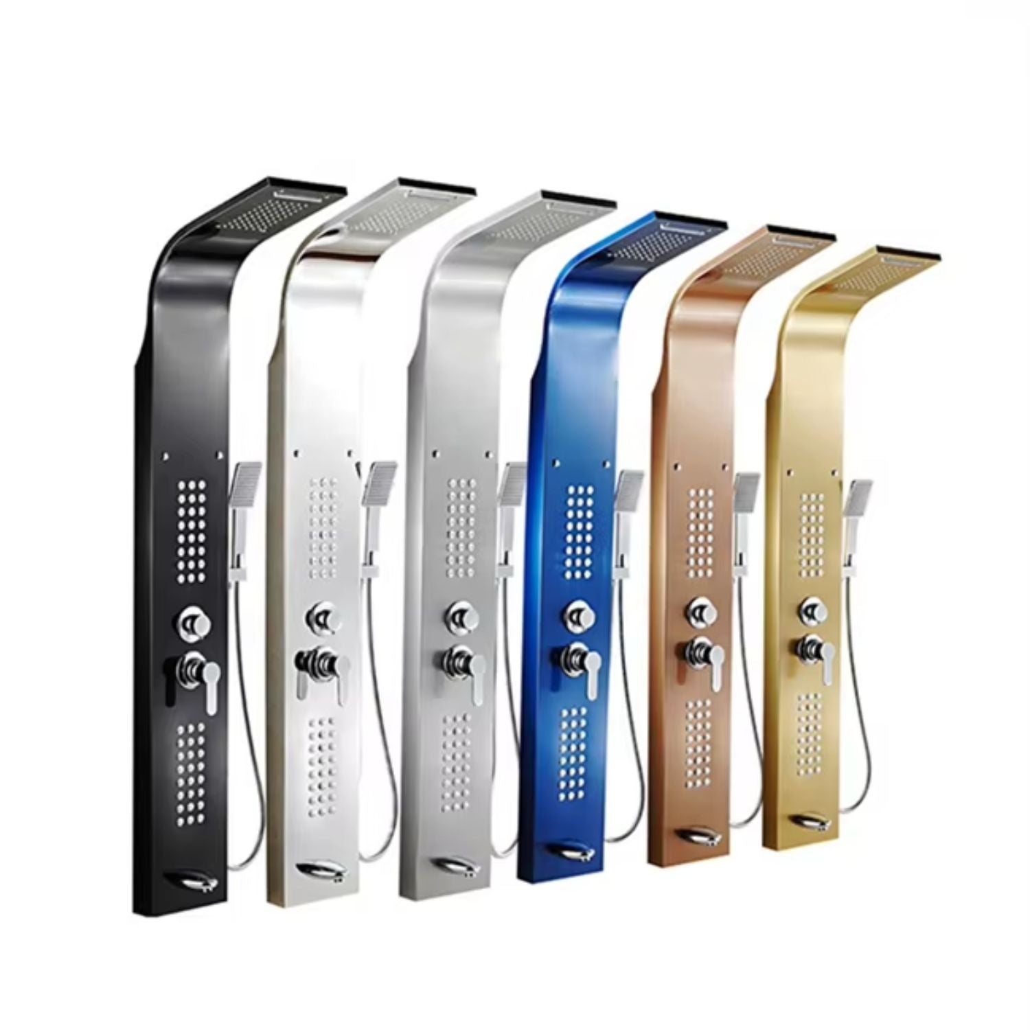 Set dus cu cap rectangular si baterie termostatata din inox, montaj pe perete, culori argintiu si auriu