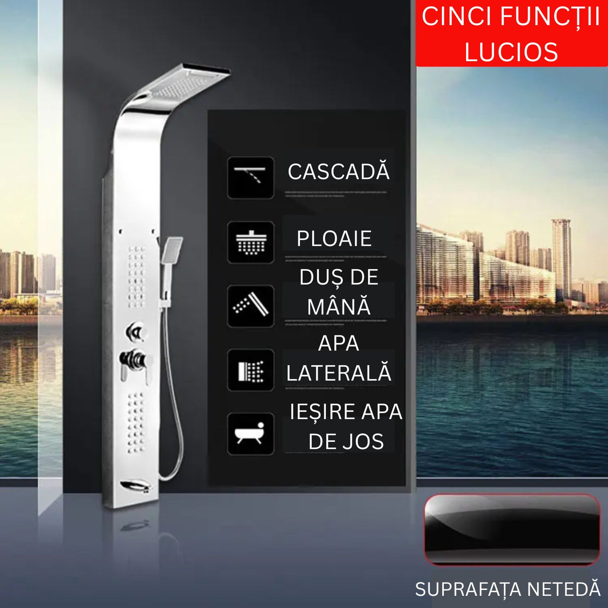 Set dus cu cap rectangular si baterie termostatata din inox, montaj pe perete, culori argintiu si auriu