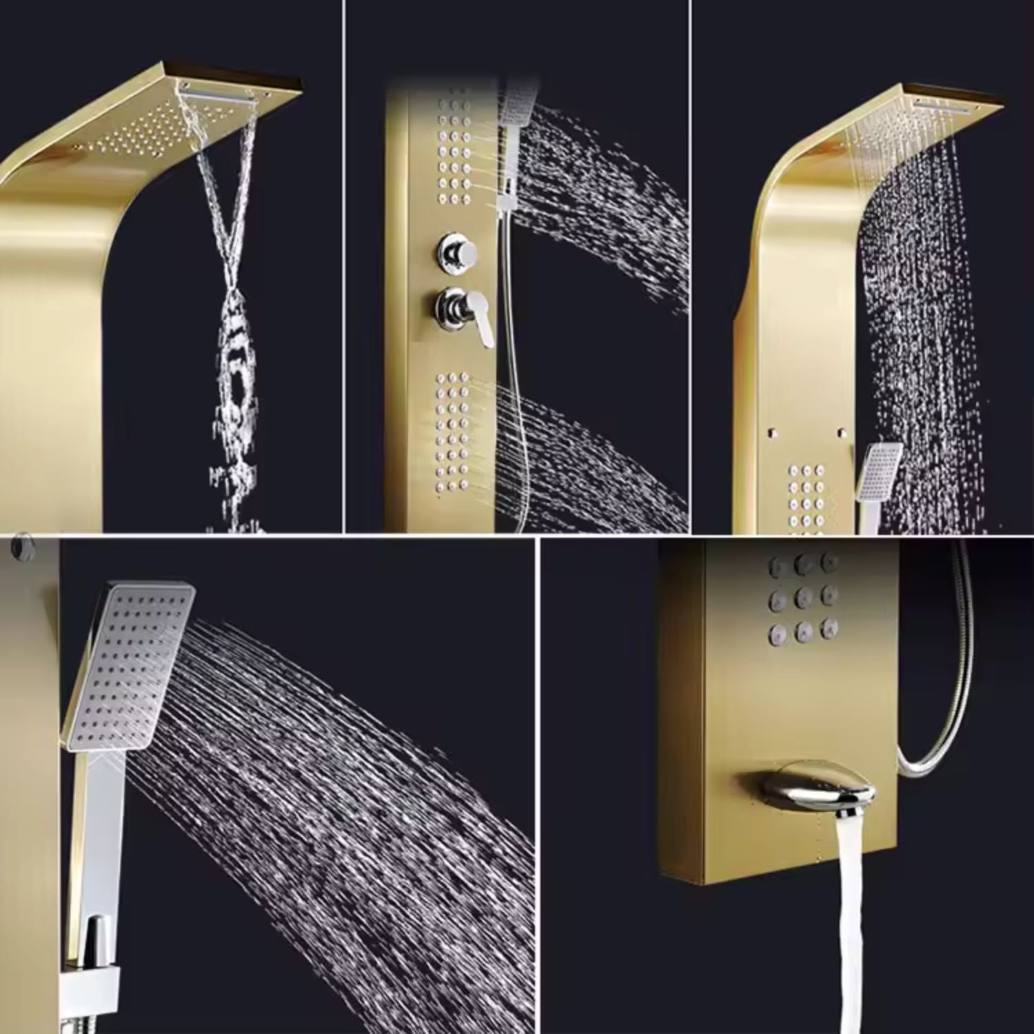 Set dus cu cap rectangular si baterie termostatata din inox, montaj pe perete, culori argintiu si auriu