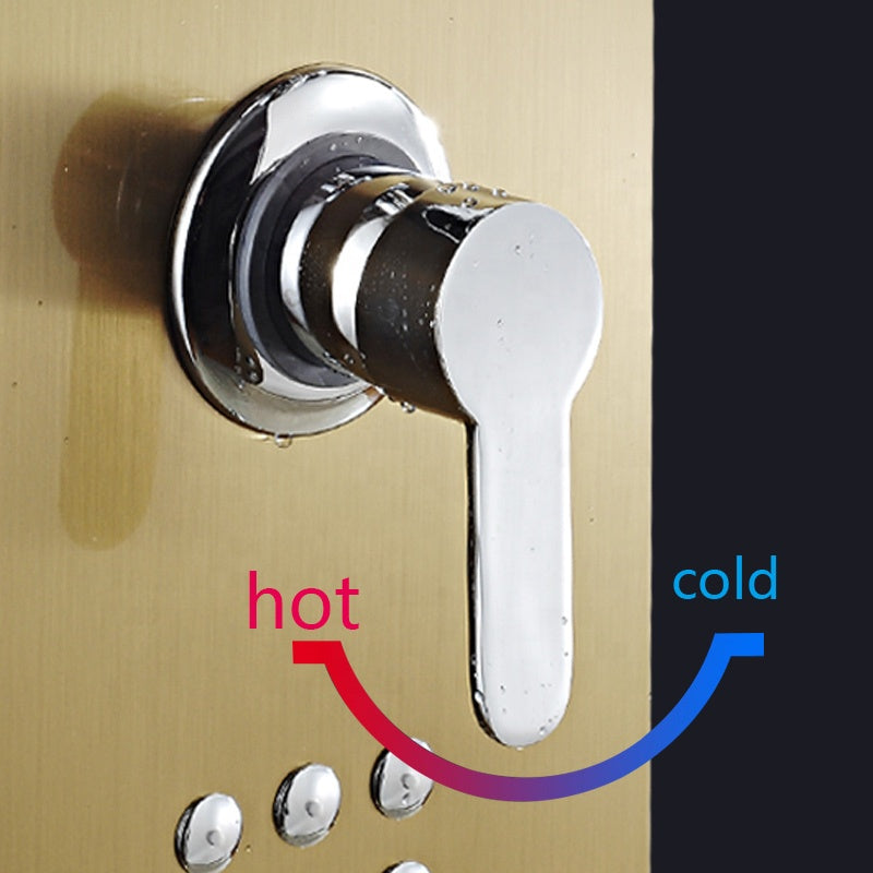 Set dus cu cap rectangular si baterie termostatata din inox, montaj pe perete, culori argintiu si auriu