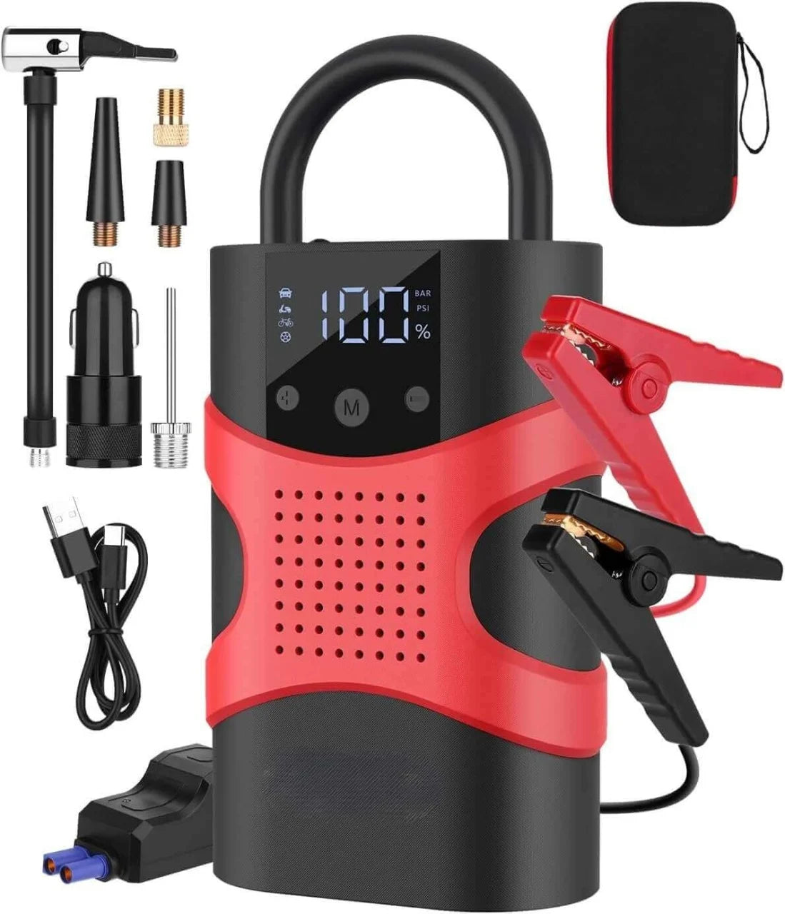 Starter auto multifunctional, portabil, 12000mAh powerbank, cu compresor, USB, afisaj LCD, lanterna, pornire auto