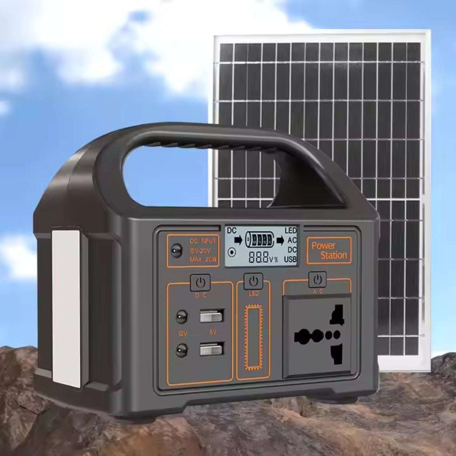 Pachet statie portabila de energie cu panou solar 20W – generator electric silentios reincarcabil pentru camping si uz casnic