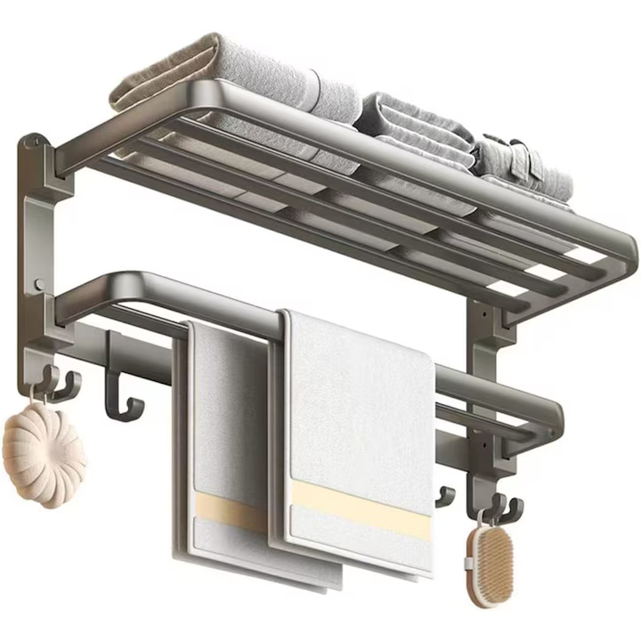 Suport prosoape baie, pliabil, aluminiu spatial, cu polita si carlige, lungime 60cm, Gri