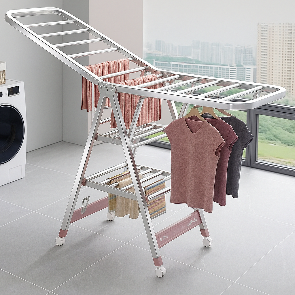 Suport pliabil metalic pentru uscat rufe 150x90x46 cm – organizator multifunctional, dublu nivel, economisitor de spatiu