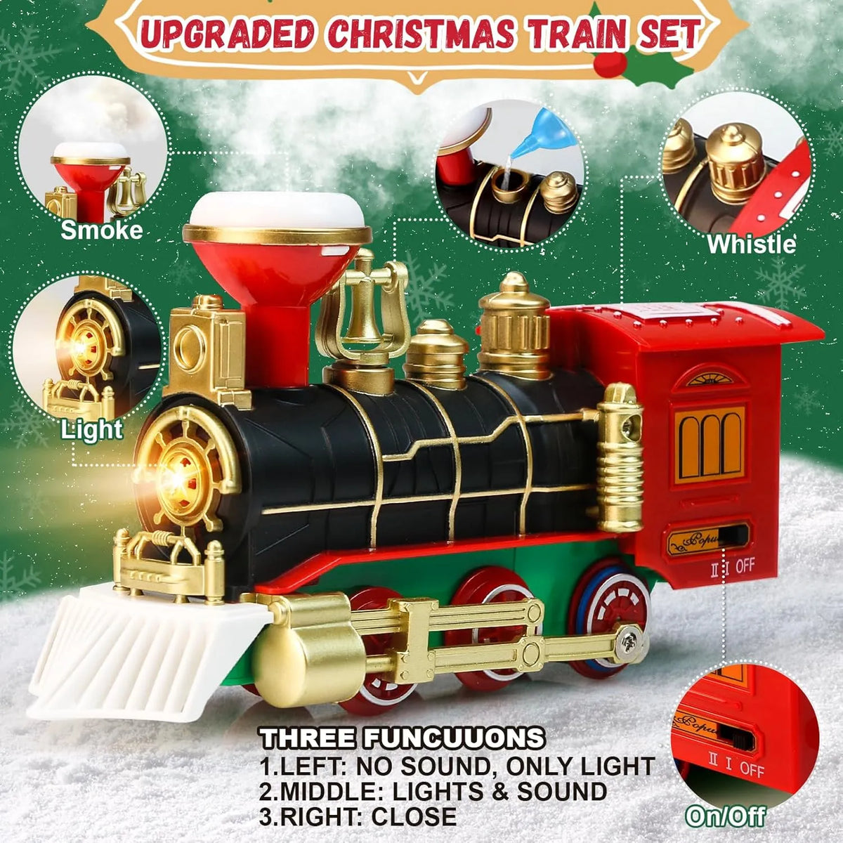 Set Tren Electric de Craciun  pentru Brad cu Fum, Lumini si Sunete, 22 Piese, Locomotiva, Vagon Carbune, Sanie Mos Craciun si Sine