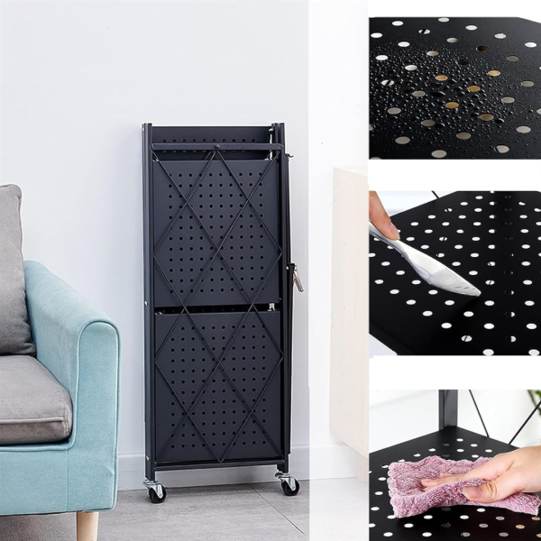 Raft depozitare, metalic, pliabil, pe roti, 3 polite,72 x 34 x 87 cm