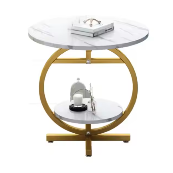 Masuta de cafea rotunda cu design tip marmura, 2 nivele de depozitare