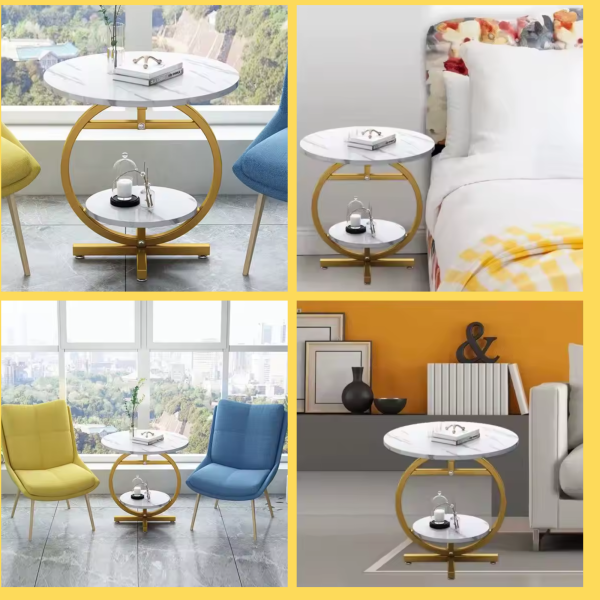 Masuta de cafea rotunda cu design tip marmura, 2 nivele de depozitare