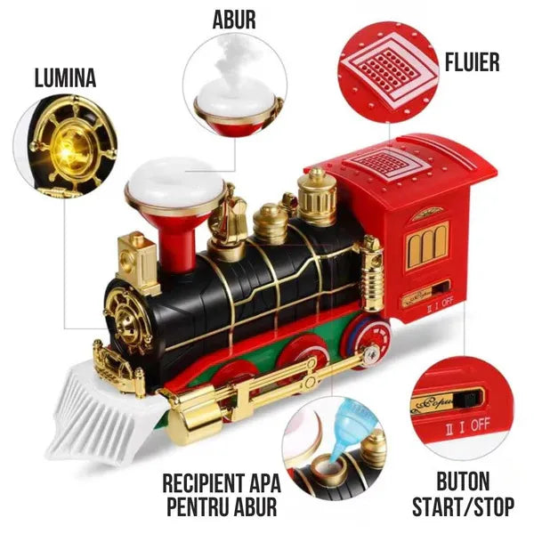 Set Tren Electric de Craciun  pentru Brad cu Fum, Lumini si Sunete, 22 Piese, Locomotiva, Vagon Carbune, Sanie Mos Craciun si Sine