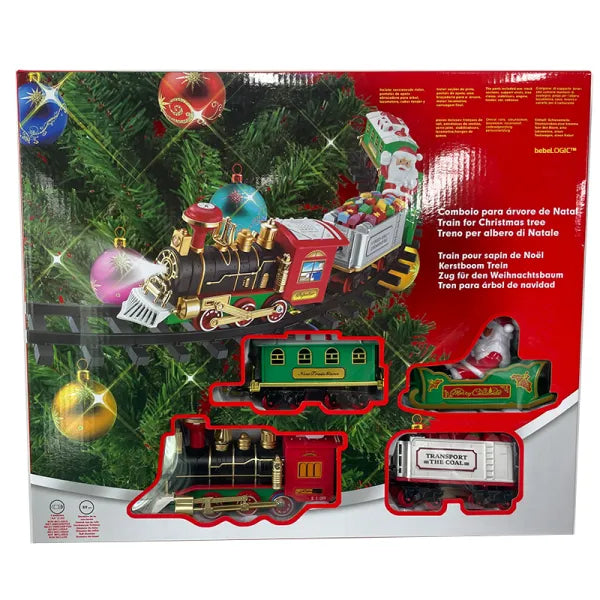 Set Tren Electric de Craciun  pentru Brad cu Fum, Lumini si Sunete, 22 Piese, Locomotiva, Vagon Carbune, Sanie Mos Craciun si Sine