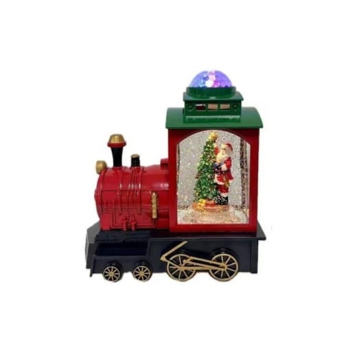 Tren locomotiva decorativa de Craciun cu Mos Craciun, bradut, efect ninsoare, lumini LED si functie muzicala