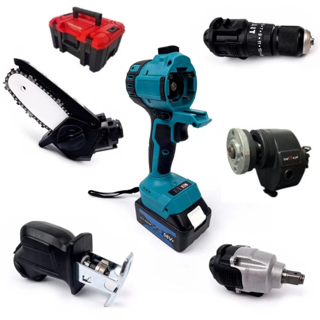 Trusa scule 5 in 1 cu 1 acumulator 21V, bormasina, cheie impact, minidrujba, fierastrau sabie