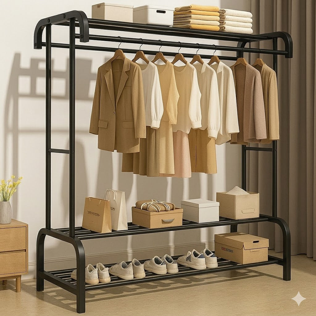 Suport dublu de umerase pentru haine, cu 2 suporti de pantofi, din metal, cu raft depozitare deasupra – 70KG greutate maxima, 150 x 110 x 50cm