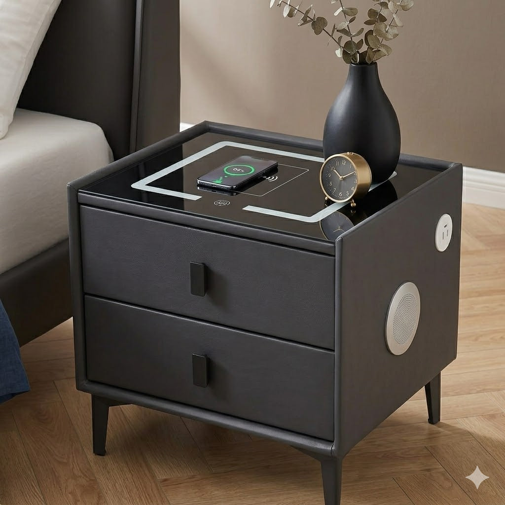 Noptiera Smart Multifunctionala, iluminare LED tactil cu 3 culori, incarcare wireless si USB, difuzor Bluetooth, 2 sertare