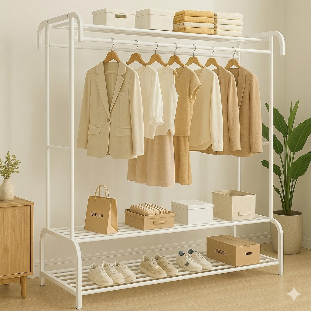 Suport dublu de umerase pentru haine, cu 2 suporti de pantofi, din metal, cu raft depozitare deasupra – 70KG greutate maxima, 150 x 110 x 50cm