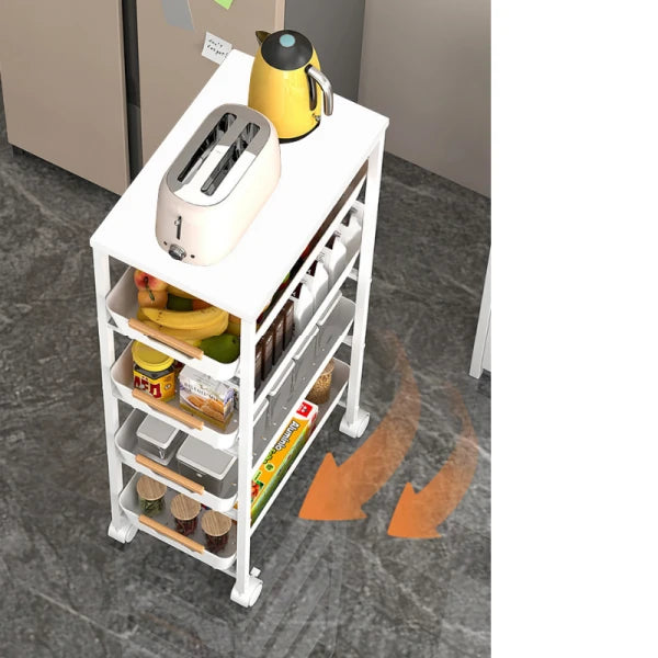 Suport slim portabil cu 5 nivele, 4 rafturi retractabile si 1 polita din MDF, rotativ 360°, 38x 23.5 x 81.5 cm