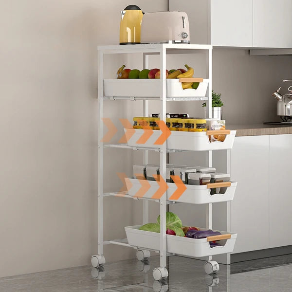 Suport slim portabil cu 5 nivele, 4 rafturi retractabile si 1 polita din MDF, rotativ 360°, 38x 23.5 x 81.5 cm