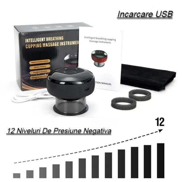 Aparat Masaj Vacuum Electric, cu afisaj electronic, imbunatateste circulatia sanguina, 12 niveluri Lumina Rosie si Presiune Negativa