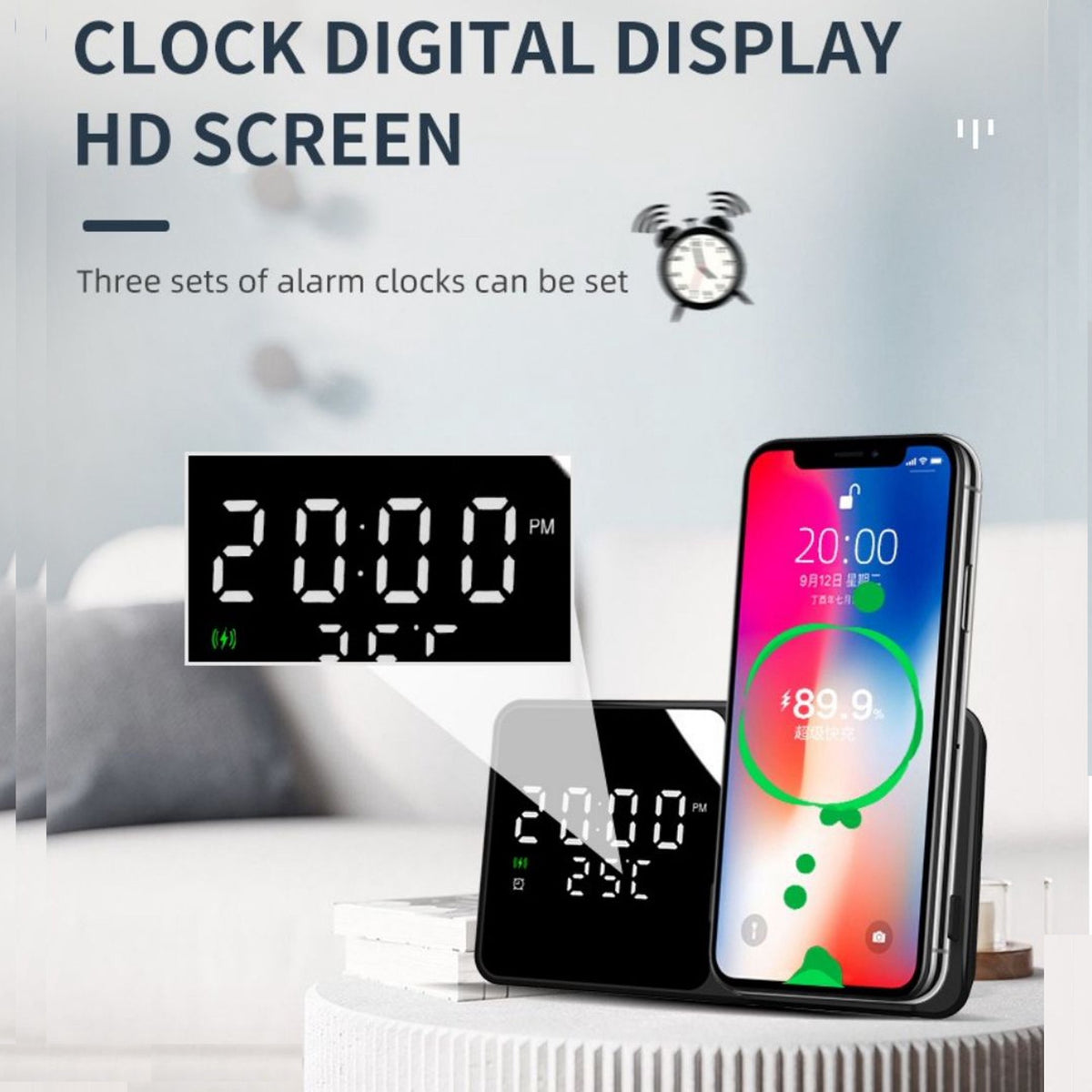 Ceas desteptator cu incarcare wireless 5W si afisaj temperatura in timp real