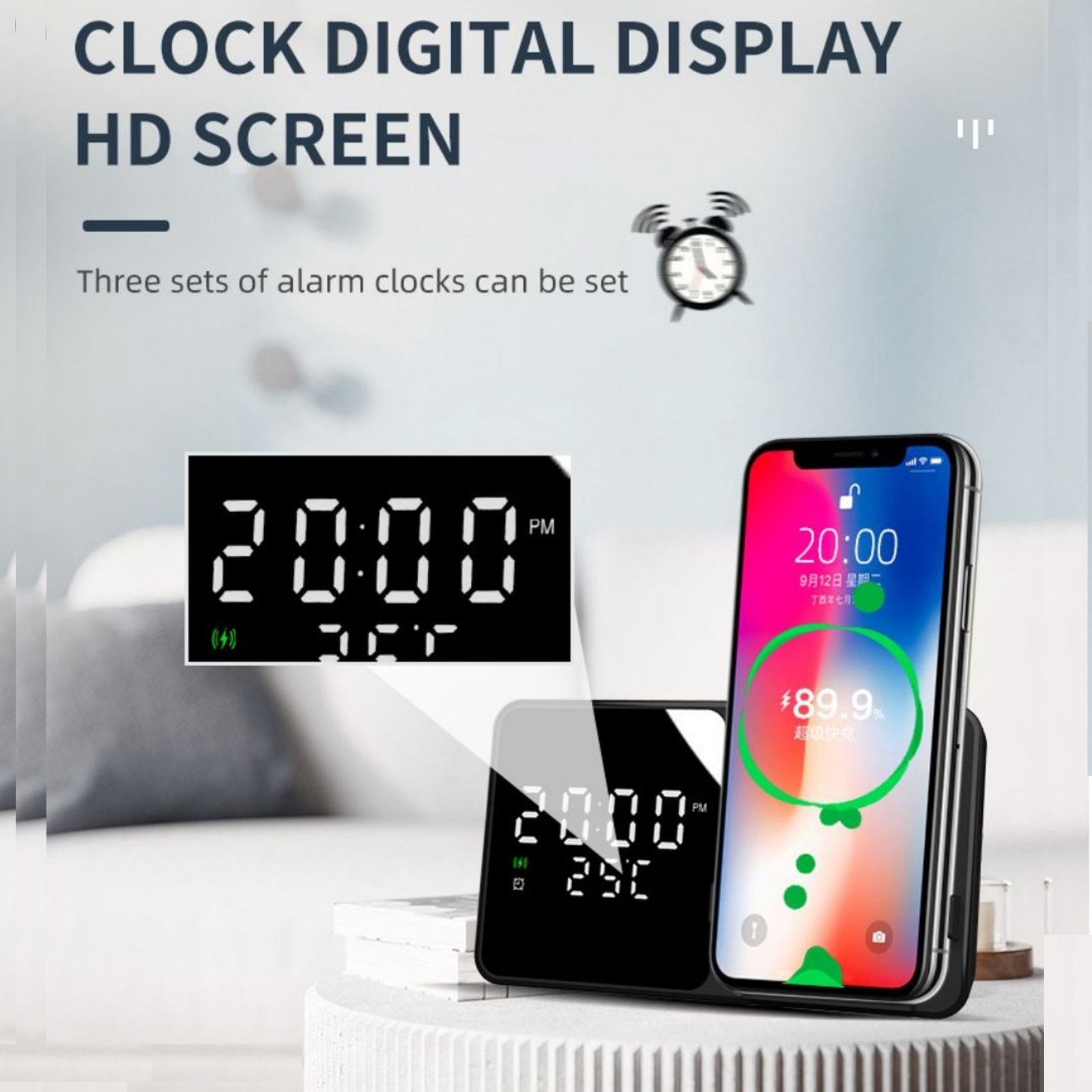 Ceas desteptator cu incarcare wireless 5W si afisaj temperatura in timp real