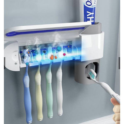 Suport pentru periute de dinti 3 in 1, sterilizator antibacterian cu lumina ultraviolete, suport 4 periute si dispenser pasta de dinti