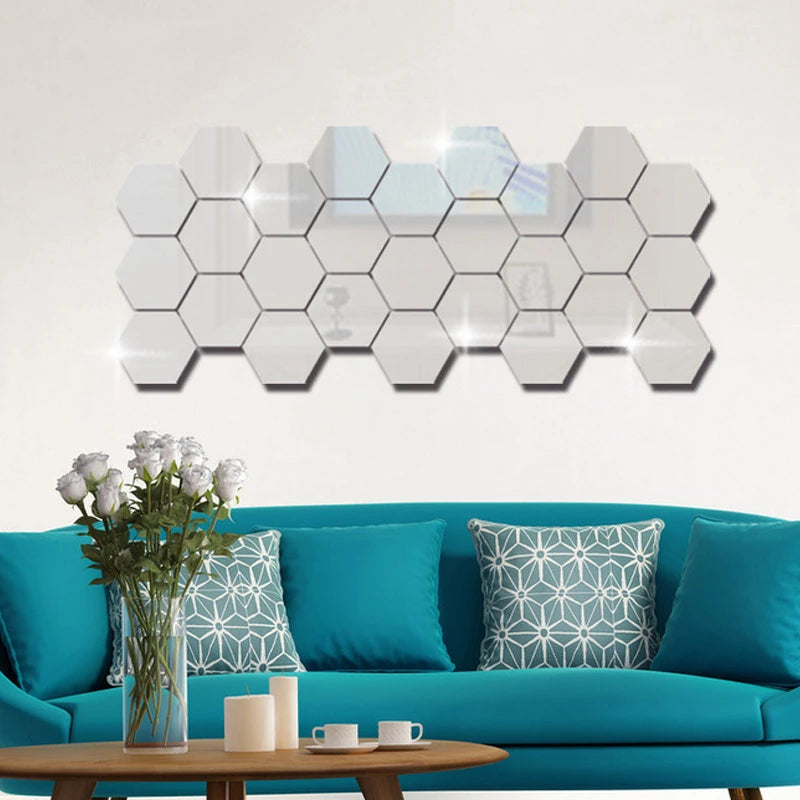 Set 12 oglinzi acrilice autoadezive decorative forma hexagon, diametru 7, 13, 20 si 23 cm