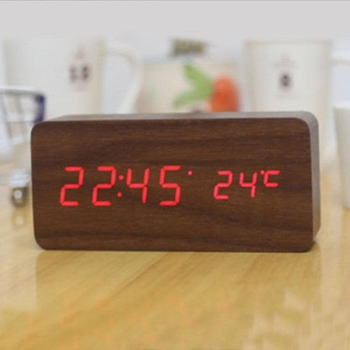 Ceas digital din lemn 862-VST cu afisaj LED temperatura si alarma, Negru