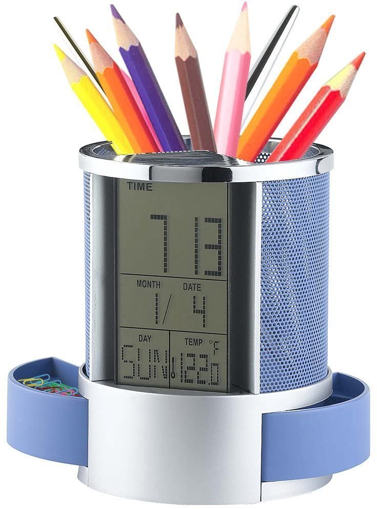 Suport multifunctional cu display digital LED pentru creioane, pixuri, functie de alarma si calendar