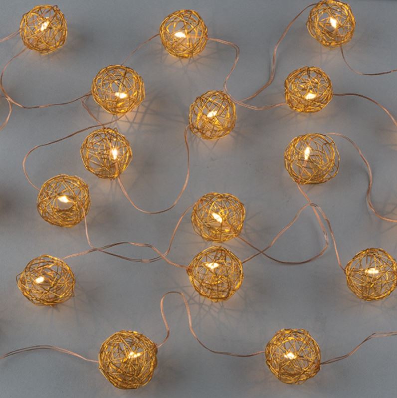 Instalatie globuri aurii impletite, 20 LED-uri cu lumina alb cald, 3 m, interconectabile