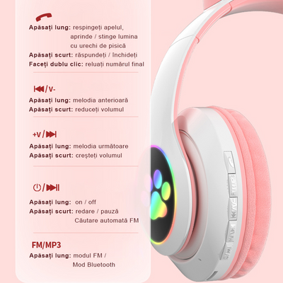 Casti wireless pliabile cu urechi de pisica iluminate LED, Bluetooth 5.0, Bass Stereo