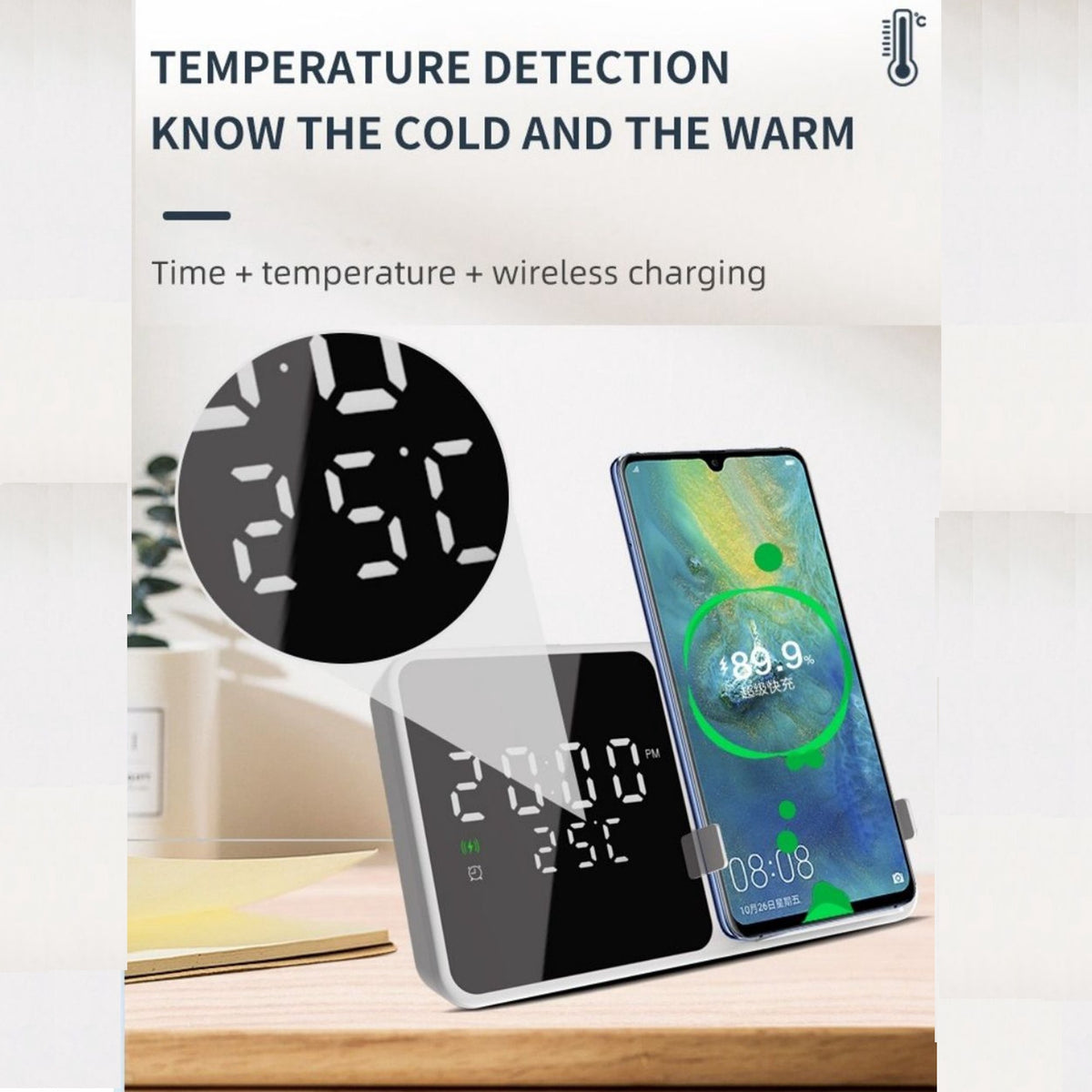 Ceas desteptator cu incarcare wireless 5W si afisaj temperatura in timp real